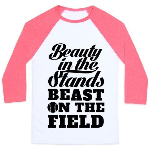 Virgin Teez  Baseball Tee Unisex Classic Baseball Tee / x-small / White/Neon Pink BEAUTY IN THE STANDS BEAST ON THE FIELD (SOFTBALL) UNISEX CLASSIC BASEBALL TEE