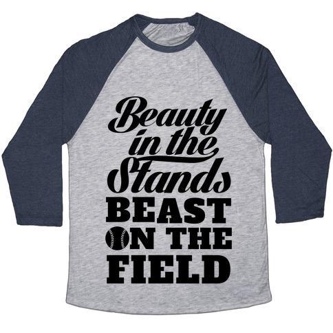 Virgin Teez  Baseball Tee Unisex Tri-Blend Baseball Tee / small / Athletic Gray / Navy BEAUTY IN THE STANDS BEAST ON THE FIELD (SOFTBALL) UNISEX TRI-BLEND BASEBALL TEE