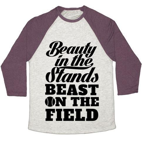 Virgin Teez  Baseball Tee Unisex Tri-Blend Baseball Tee / small / Oatmeal / Maroon BEAUTY IN THE STANDS BEAST ON THE FIELD (SOFTBALL) UNISEX TRI-BLEND BASEBALL TEE