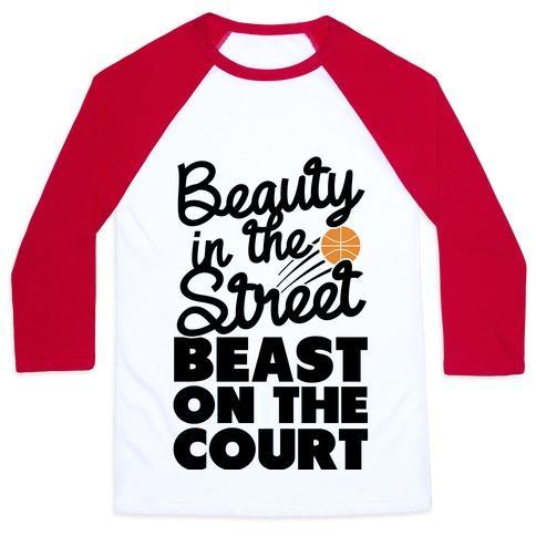 Virgin Teez  Baseball Tee Unisex Classic Baseball Tee / x-small / White/Red BEAUTY IN THE STREET BEAST ON THE COURT UNISEX CLASSIC BASEBALL TEE