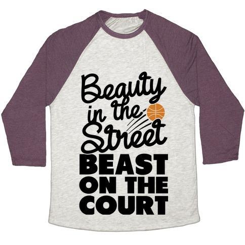 Virgin Teez  Baseball Tee Unisex Tri-Blend Baseball Tee / small / Oatmeal / Maroon BEAUTY IN THE STREET BEAST ON THE COURT UNISEX TRI-BLEND BASEBALL TEE