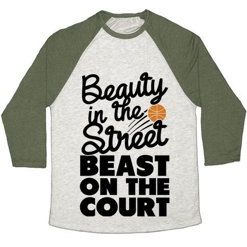 Virgin Teez  Baseball Tee Unisex Tri-Blend Baseball Tee / small / Oatmeal / Moss BEAUTY IN THE STREET BEAST ON THE COURT UNISEX TRI-BLEND BASEBALL TEE