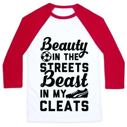 Virgin Teez  Baseball Tee Unisex Classic Baseball Tee / x-small / White/Red BEAUTY IN THE STREETS & A BEAST IN MY CLEATS SOCCER UNISEX CLASSIC BASEBALL TEE