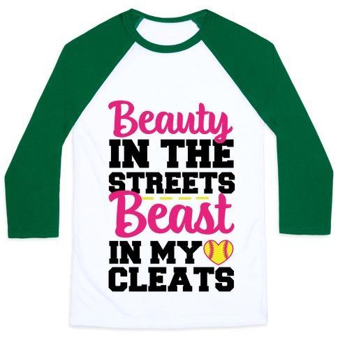Virgin Teez  Baseball Tee Unisex Classic Baseball Tee / x-small / White/Dark Green BEAUTY IN THE STREETS BEAST IN MY CLEATS UNISEX CLASSIC BASEBALL TEE