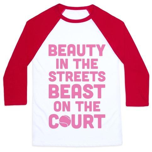 Virgin Teez  Baseball Tee Unisex Classic Baseball Tee / x-small / White/Red BEAUTY IN THE STREETS BEAST ON THE COURT UNISEX CLASSIC BASEBALL TEE