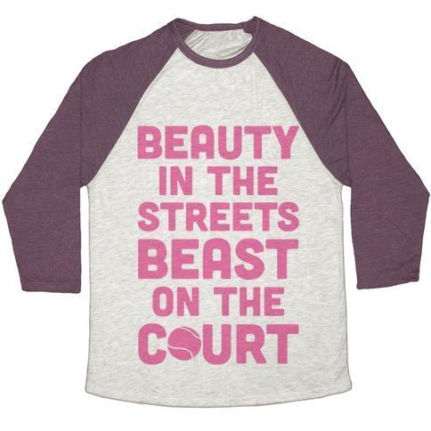 Virgin Teez  Baseball Tee Unisex Tri-Blend Baseball Tee / small / Oatmeal / Maroon BEAUTY IN THE STREETS BEAST ON THE COURT UNISEX TRI-BLEND BASEBALL TEE