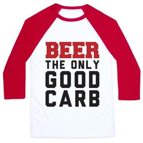 Virgin Teez  Baseball Tee Unisex Classic Baseball Tee / x-small / White/Red BEER: THE ONLY GOOD CARB UNISEX CLASSIC BASEBALL TEE