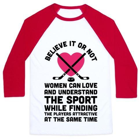 Virgin Teez  Baseball Tee Unisex Classic Baseball Tee / x-small / White/Red BELIEVE IT OR NOT WOMEN CAN LOVE AND UNDERSTAND HOCKEY UNISEX CLASSIC BASEBALL TEE