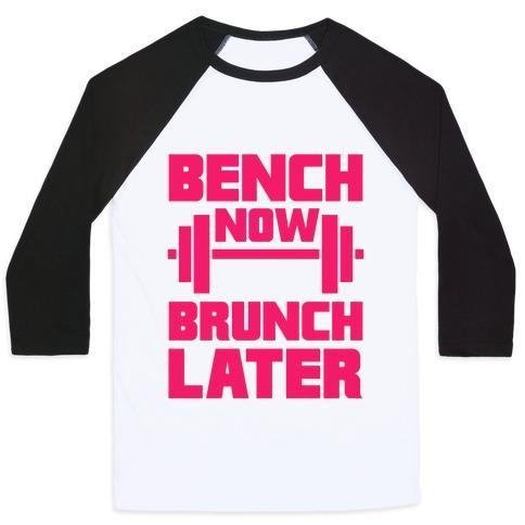 Virgin Teez  Baseball Tee Unisex Classic Baseball Tee / x-small / White/Black BENCH NOW, BRUNCH LATER UNISEX CLASSIC BASEBALL TEE