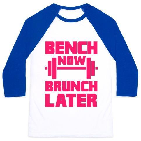Virgin Teez  Baseball Tee Unisex Classic Baseball Tee / x-small / White/Blue BENCH NOW, BRUNCH LATER UNISEX CLASSIC BASEBALL TEE