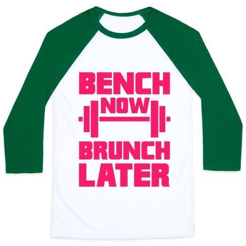 Virgin Teez  Baseball Tee Unisex Classic Baseball Tee / x-small / White/Dark Green BENCH NOW, BRUNCH LATER UNISEX CLASSIC BASEBALL TEE