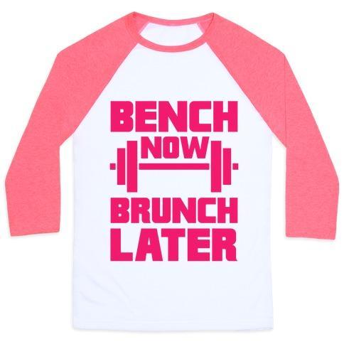 Virgin Teez  Baseball Tee Unisex Classic Baseball Tee / x-small / White/Neon Pink BENCH NOW, BRUNCH LATER UNISEX CLASSIC BASEBALL TEE