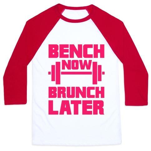 Virgin Teez  Baseball Tee Unisex Classic Baseball Tee / x-small / White/Red BENCH NOW, BRUNCH LATER UNISEX CLASSIC BASEBALL TEE