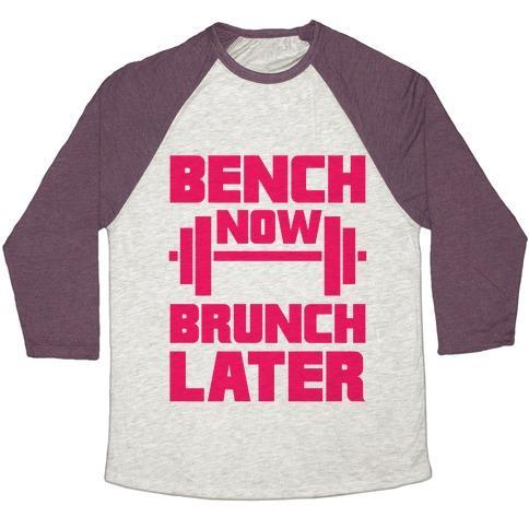 Virgin Teez  Baseball Tee Unisex Tri-Blend Baseball Tee / small / Oatmeal / Maroon BENCH NOW, BRUNCH LATER UNISEX TRI-BLEND BASEBALL TEE