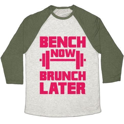 Virgin Teez  Baseball Tee Unisex Tri-Blend Baseball Tee / small / Oatmeal / Moss BENCH NOW, BRUNCH LATER UNISEX TRI-BLEND BASEBALL TEE