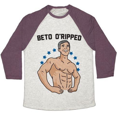 Virgin Teez  Baseball Tee Unisex Tri-Blend Baseball Tee / small / Oatmeal / Maroon BETO O'RIPPED UNISEX TRI-BLEND BASEBALL TEE