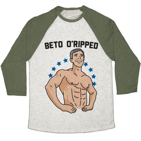 Virgin Teez  Baseball Tee Unisex Tri-Blend Baseball Tee / small / Oatmeal / Moss BETO O'RIPPED UNISEX TRI-BLEND BASEBALL TEE
