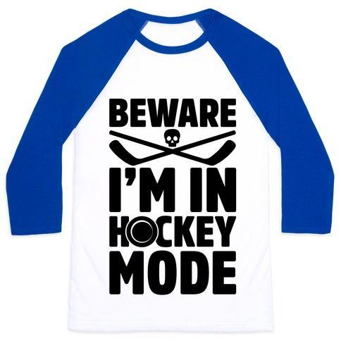 Virgin Teez  Baseball Tee Unisex Classic Baseball Tee / x-small / White/Blue BEWARE I'M IN HOCKEY MODE UNISEX CLASSIC BASEBALL TEE