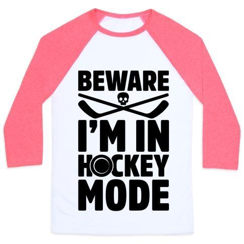 Virgin Teez  Baseball Tee Unisex Classic Baseball Tee / x-small / White/Neon Pink BEWARE I'M IN HOCKEY MODE UNISEX CLASSIC BASEBALL TEE