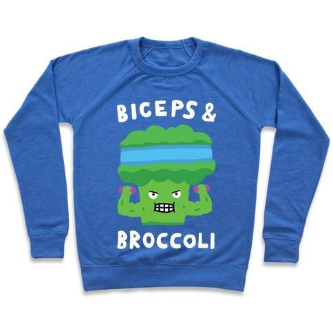 Virgin Teez  Pullover Crewneck Sweatshirt / x-small / Heathered Blue BICEPS AND BROCCOLI CREWNECK SWEATSHIRT