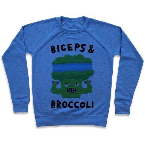 Virgin Teez  Pullover Crewneck Sweatshirt / x-small / Heathered Blue BICEPS AND BROCCOLI CREWNECK SWEATSHIRT
