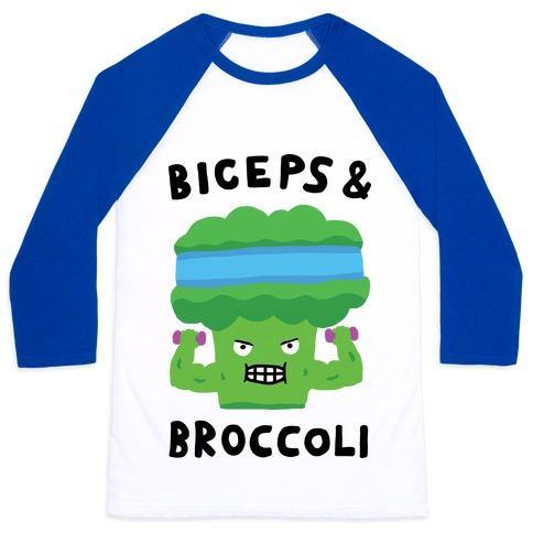 Virgin Teez  Baseball Tee Unisex Classic Baseball Tee / x-small / White/Blue BICEPS AND BROCCOLI UNISEX CLASSIC BASEBALL TEE
