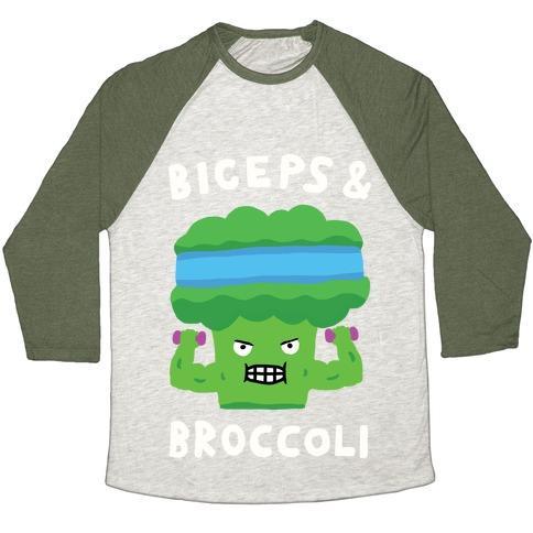 Virgin Teez  Baseball Tee Unisex Tri-Blend Baseball Tee / small / Oatmeal / Moss BICEPS AND BROCCOLI UNISEX TRI-BLEND BASEBALL TEE