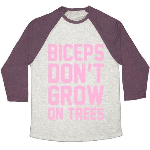 Virgin Teez  Baseball Tee Unisex Tri-Blend Baseball Tee / small / Oatmeal / Maroon BICEPS DON'T GROW ON TREES UNISEX TRI-BLEND BASEBALL TEE