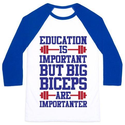 Virgin Teez  Baseball Tee Unisex Classic Baseball Tee / x-small / White/Blue BIG BICEPS ARE IMPORTANTER UNISEX CLASSIC BASEBALL TEE