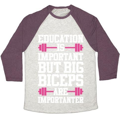 Virgin Teez  Baseball Tee Unisex Tri-Blend Baseball Tee / small / Oatmeal / Maroon BIG BICEPS ARE IMPORTANTER UNISEX TRI-BLEND BASEBALL TEE