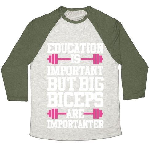 Virgin Teez  Baseball Tee Unisex Tri-Blend Baseball Tee / small / Oatmeal / Moss BIG BICEPS ARE IMPORTANTER UNISEX TRI-BLEND BASEBALL TEE