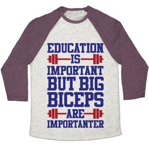 Virgin Teez  Baseball Tee Unisex Tri-Blend Baseball Tee / small / Oatmeal / Maroon BIG BICEPS ARE IMPORTANTER UNISEX TRI-BLEND BASEBALL TEE