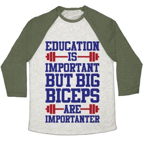 Virgin Teez  Baseball Tee Unisex Tri-Blend Baseball Tee / small / Oatmeal / Moss BIG BICEPS ARE IMPORTANTER UNISEX TRI-BLEND BASEBALL TEE