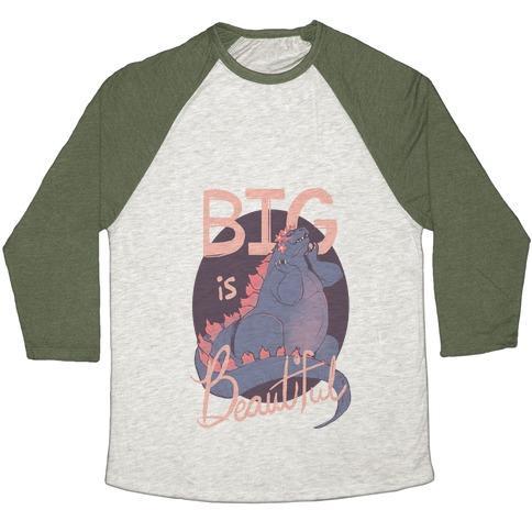 Virgin Teez  Baseball Tee Unisex Tri-Blend Baseball Tee / small / Oatmeal / Moss BIG IS BEAUTIFUL UNISEX TRI-BLEND BASEBALL TEE
