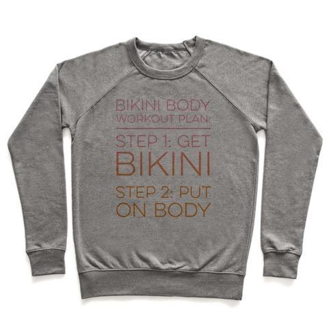 Virgin Teez  Pullover Crewneck Sweatshirt / x-small / Heathered Gray BIKINI BODY WORKOUT PLAN CREWNECK SWEATSHIRT