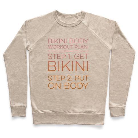 Virgin Teez  Pullover Crewneck Sweatshirt / x-small / Heathered Oatmeal BIKINI BODY WORKOUT PLAN CREWNECK SWEATSHIRT