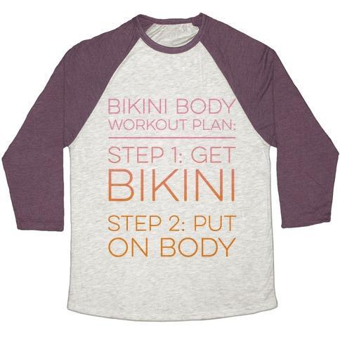 Virgin Teez  Baseball Tee Unisex Tri-Blend Baseball Tee / small / Oatmeal / Maroon BIKINI BODY WORKOUT PLAN UNISEX TRI-BLEND BASEBALL TEE