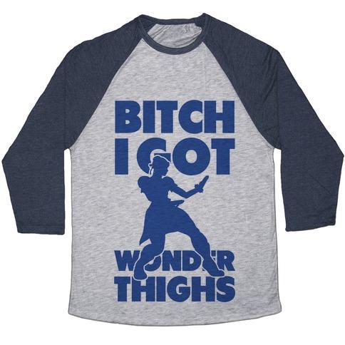 Virgin Teez  Baseball Tee Unisex Tri-Blend Baseball Tee / small / Athletic Gray / Navy BITCH I GOT WONDER THIGHS UNISEX TRI-BLEND BASEBALL TEE