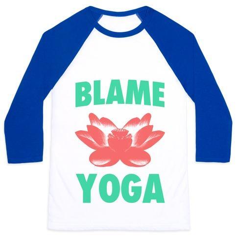 Virgin Teez  Baseball Tee Unisex Classic Baseball Tee / x-small / White/Blue BLAME YOGA UNISEX CLASSIC BASEBALL TEE