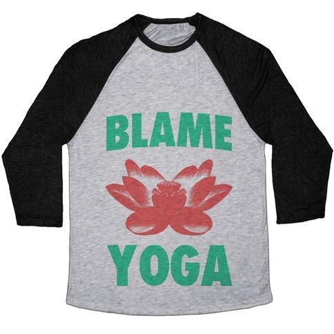 Virgin Teez  Baseball Tee Unisex Tri-Blend Baseball Tee / small / Athletic Gray / Black BLAME YOGA UNISEX TRI-BLEND BASEBALL TEE