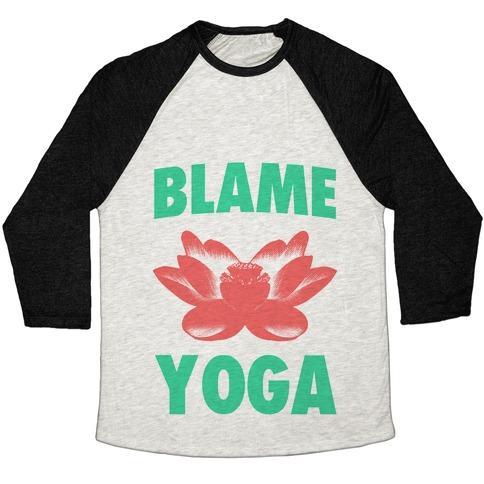 Virgin Teez  Baseball Tee Unisex Tri-Blend Baseball Tee / small / Oatmeal / Black BLAME YOGA UNISEX TRI-BLEND BASEBALL TEE