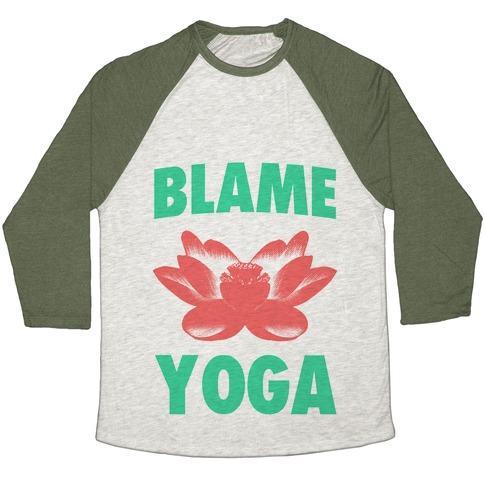 Virgin Teez  Baseball Tee Unisex Tri-Blend Baseball Tee / small / Oatmeal / Moss BLAME YOGA UNISEX TRI-BLEND BASEBALL TEE