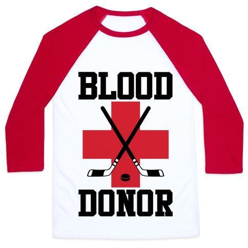 Virgin Teez  Baseball Tee Unisex Classic Baseball Tee / x-small / White/Red BLOOD DONOR HOCKEY UNISEX CLASSIC BASEBALL TEE