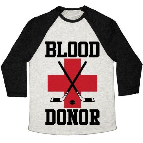 Virgin Teez  Baseball Tee Unisex Tri-Blend Baseball Tee / small / Oatmeal / Black BLOOD DONOR HOCKEY UNISEX TRI-BLEND BASEBALL TEE