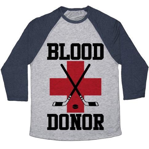 Virgin Teez  Baseball Tee Unisex Tri-Blend Baseball Tee / small / Athletic Gray / Navy BLOOD DONOR HOCKEY UNISEX TRI-BLEND BASEBALL TEE
