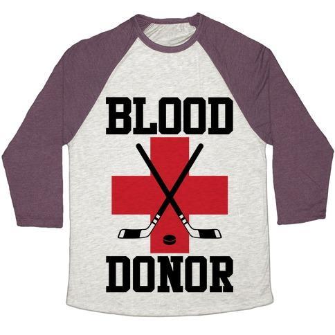 Virgin Teez  Baseball Tee Unisex Tri-Blend Baseball Tee / small / Oatmeal / Maroon BLOOD DONOR HOCKEY UNISEX TRI-BLEND BASEBALL TEE