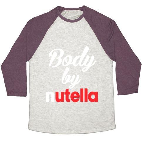Virgin Teez  Baseball Tee Unisex Tri-Blend Baseball Tee / small / Oatmeal / Maroon BODY BY NUTELLA UNISEX TRI-BLEND BASEBALL TEE