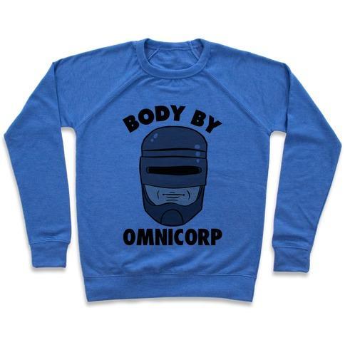 Virgin Teez  Pullover Crewneck Sweatshirt / x-small / Heathered Blue BODY BY OMNICORP CREWNECK SWEATSHIRT