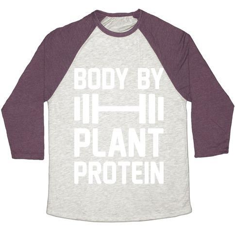Virgin Teez  Baseball Tee Unisex Tri-Blend Baseball Tee / small / Oatmeal / Maroon BODY BY PLANT PROTEIN UNISEX TRI-BLEND BASEBALL TEE