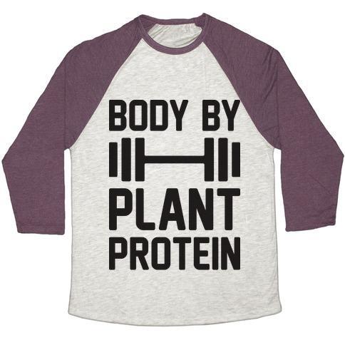 Virgin Teez  Baseball Tee Unisex Tri-Blend Baseball Tee / small / Oatmeal / Maroon BODY BY PLANT PROTEIN UNISEX TRI-BLEND BASEBALL TEE